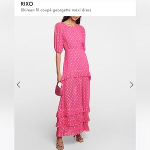 Rixo Shireen Metallic Dot Maxi Dress ruffled polka-dot metallic fil coupé maxi
